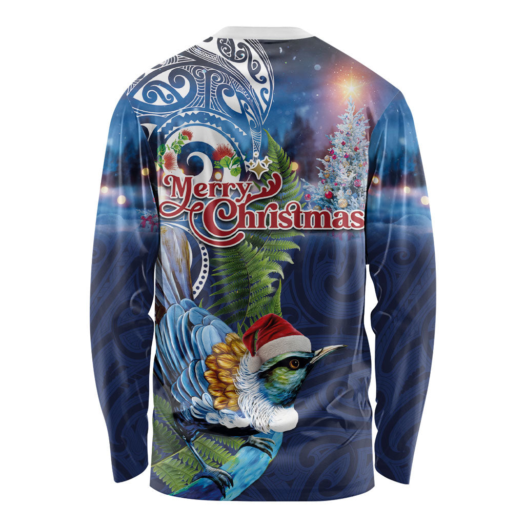 New Zealand Merry Christmas Long Sleeve Shirt Maori Tribal Pattern with Xmas Tui Bird