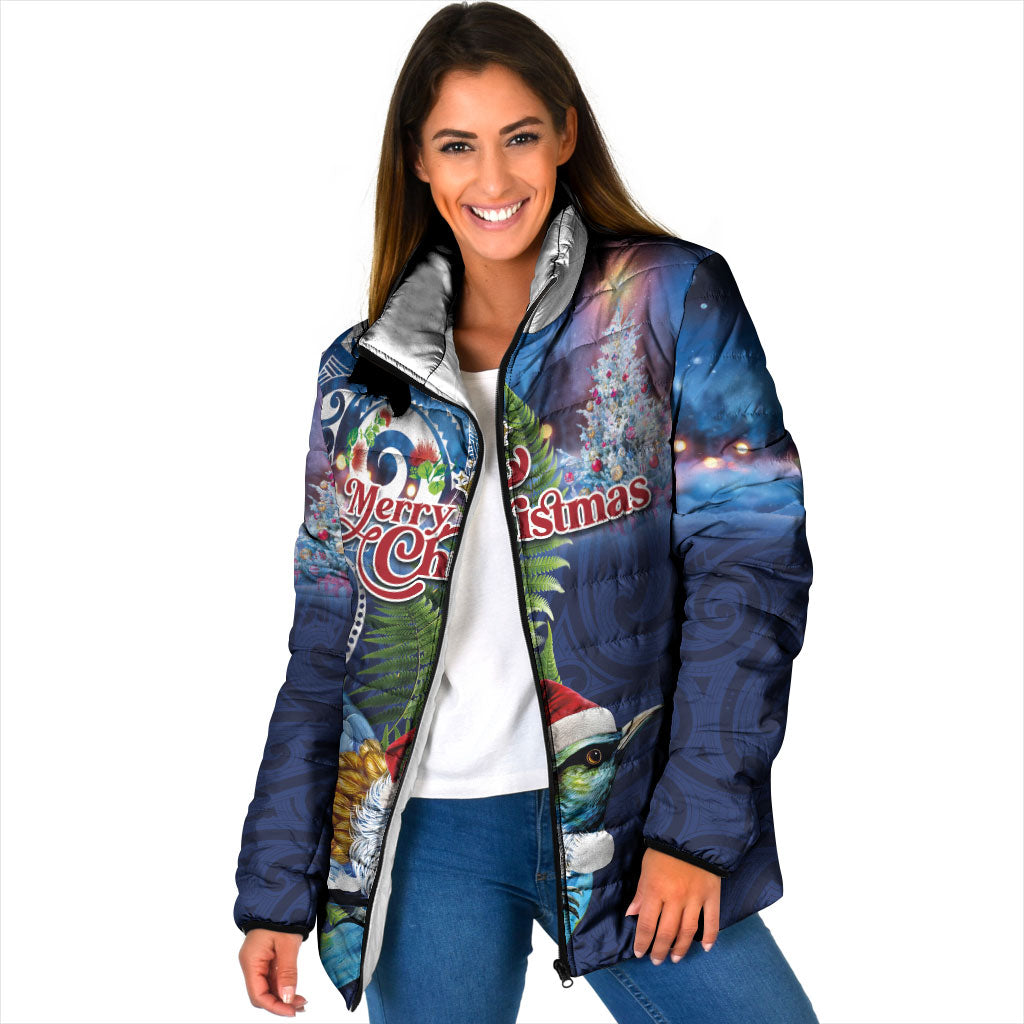 New Zealand Merry Christmas Padded Jacket Maori Tribal Pattern with Xmas Tui Bird LT03 Women Multicolor - Polynesian Pride
