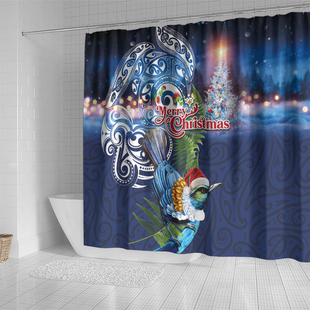New Zealand Merry Christmas Shower Curtain Maori Tribal Pattern with Xmas Tui Bird