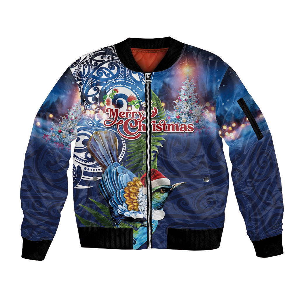 New Zealand Merry Christmas Sleeve Zip Bomber Jacket Maori Tribal Pattern with Xmas Tui Bird LT03 Unisex Multicolor - Polynesian Pride
