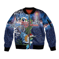 New Zealand Merry Christmas Sleeve Zip Bomber Jacket Maori Tribal Pattern with Xmas Tui Bird LT03 Unisex Multicolor - Polynesian Pride