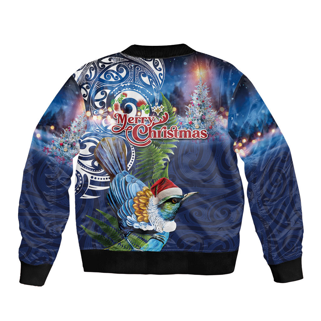 New Zealand Merry Christmas Sleeve Zip Bomber Jacket Maori Tribal Pattern with Xmas Tui Bird LT03 - Polynesian Pride