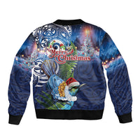 New Zealand Merry Christmas Sleeve Zip Bomber Jacket Maori Tribal Pattern with Xmas Tui Bird LT03 - Polynesian Pride