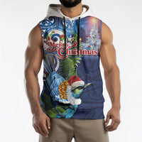 New Zealand Merry Christmas Sleeveless Hoodie Maori Tribal Pattern with Xmas Tui Bird