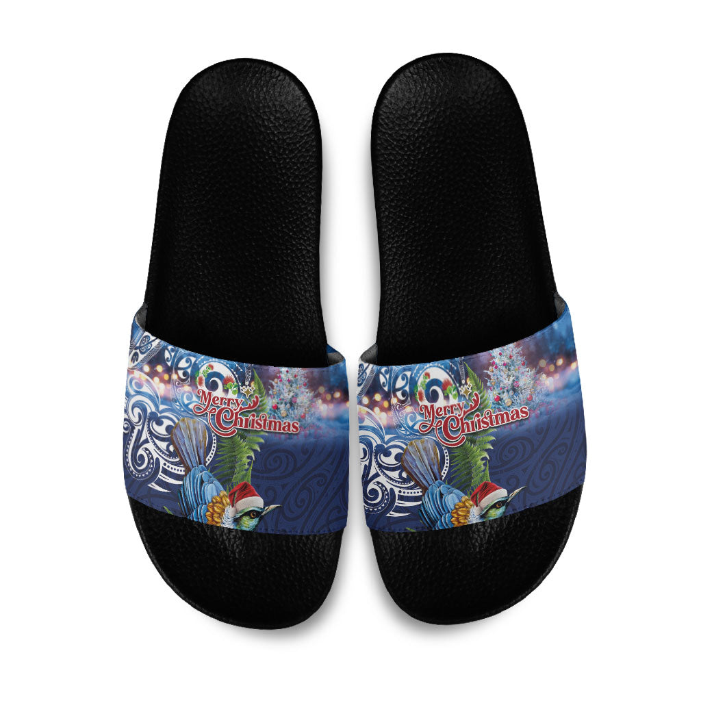 New Zealand Merry Christmas Slide Sandals Maori Tribal Pattern with Xmas Tui Bird