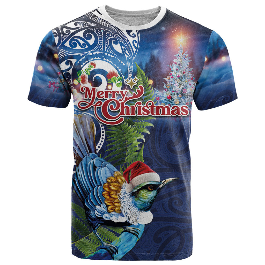 New Zealand Merry Christmas T Shirt Maori Tribal Pattern with Xmas Tui Bird