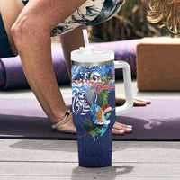 New Zealand Merry Christmas Tumbler With Handle Maori Tribal Pattern with Xmas Tui Bird