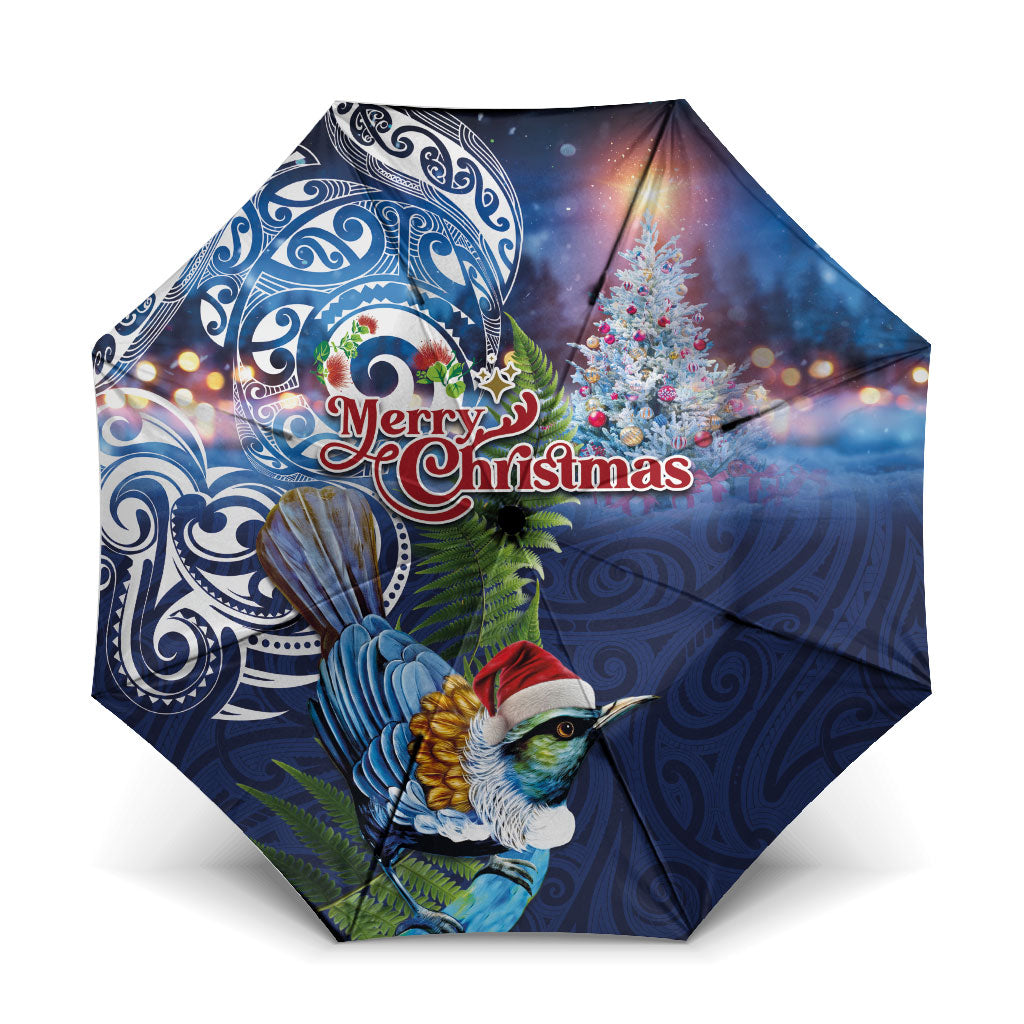 New Zealand Merry Christmas Umbrella Maori Tribal Pattern with Xmas Tui Bird LT03 One Size Folded 11.42 inch Opened Diameter 37.4 inch Multicolor - Polynesian Pride