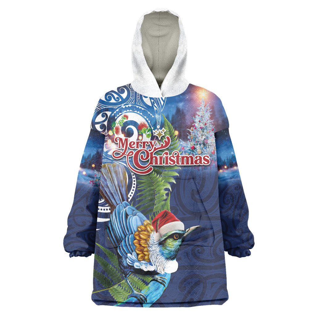New Zealand Merry Christmas Wearable Blanket Hoodie Maori Tribal Pattern with Xmas Tui Bird