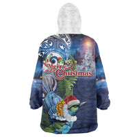 New Zealand Merry Christmas Wearable Blanket Hoodie Maori Tribal Pattern with Xmas Tui Bird