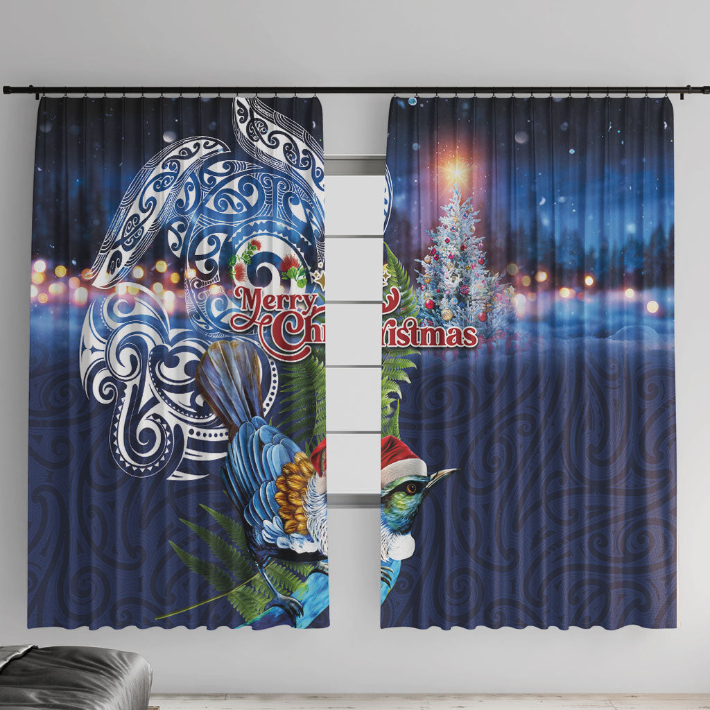 New Zealand Merry Christmas Window Curtain Maori Tribal Pattern with Xmas Tui Bird