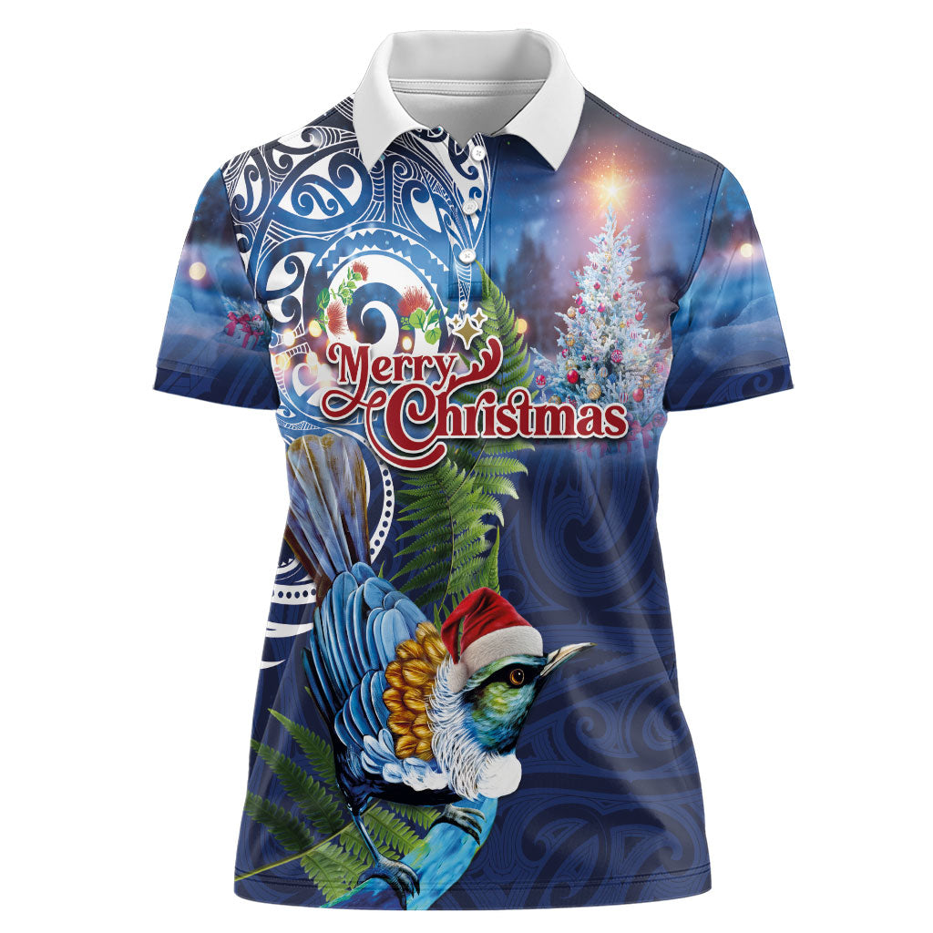 New Zealand Merry Christmas Women Polo Shirt Maori Tribal Pattern with Xmas Tui Bird
