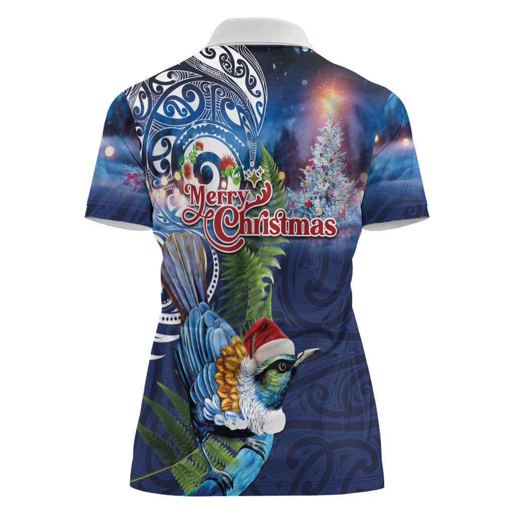 New Zealand Merry Christmas Women Polo Shirt Maori Tribal Pattern with Xmas Tui Bird
