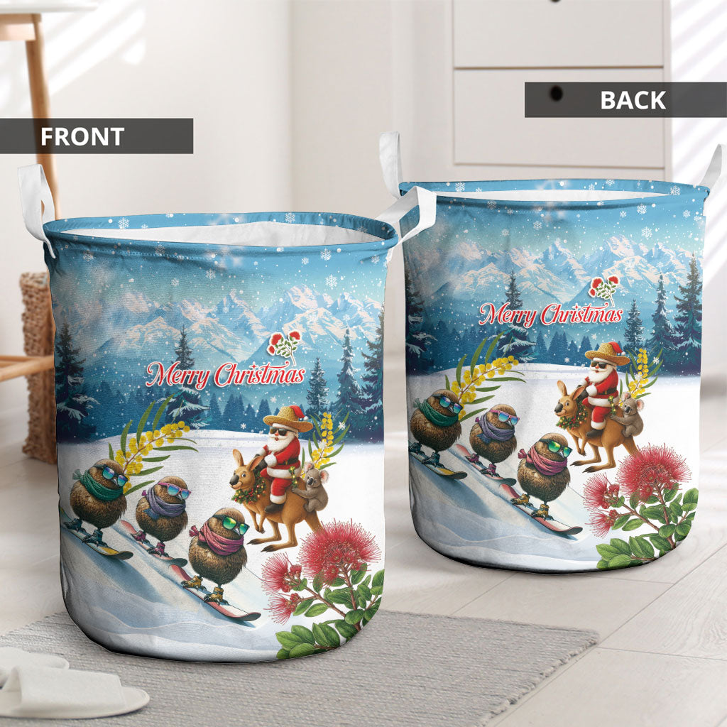 New Zealand and Australia Merry Christmas Laundry Basket Kiwi Birds Skiing and Koala Santa Riding Kangaroo