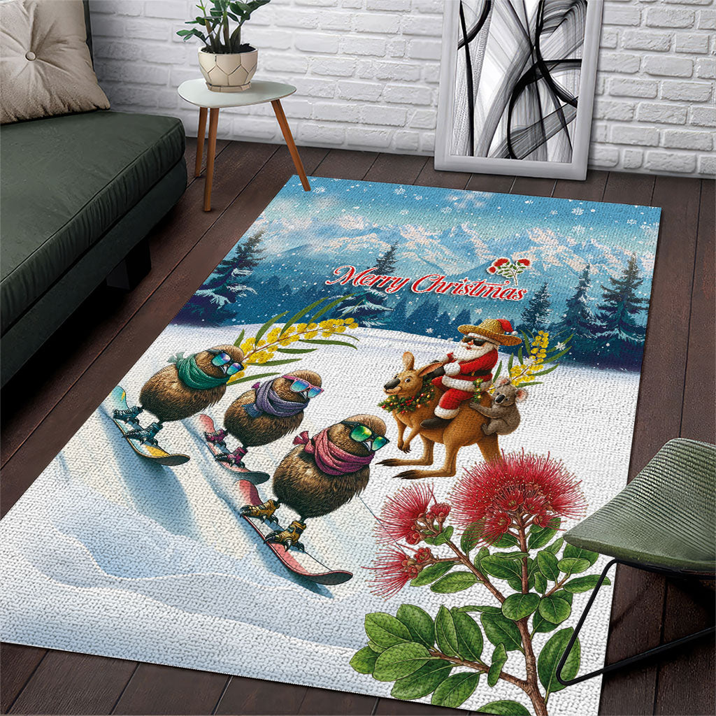 New Zealand and Australia Merry Christmas Area Rug Kiwi Birds Skiing and Koala Santa Riding Kangaroo