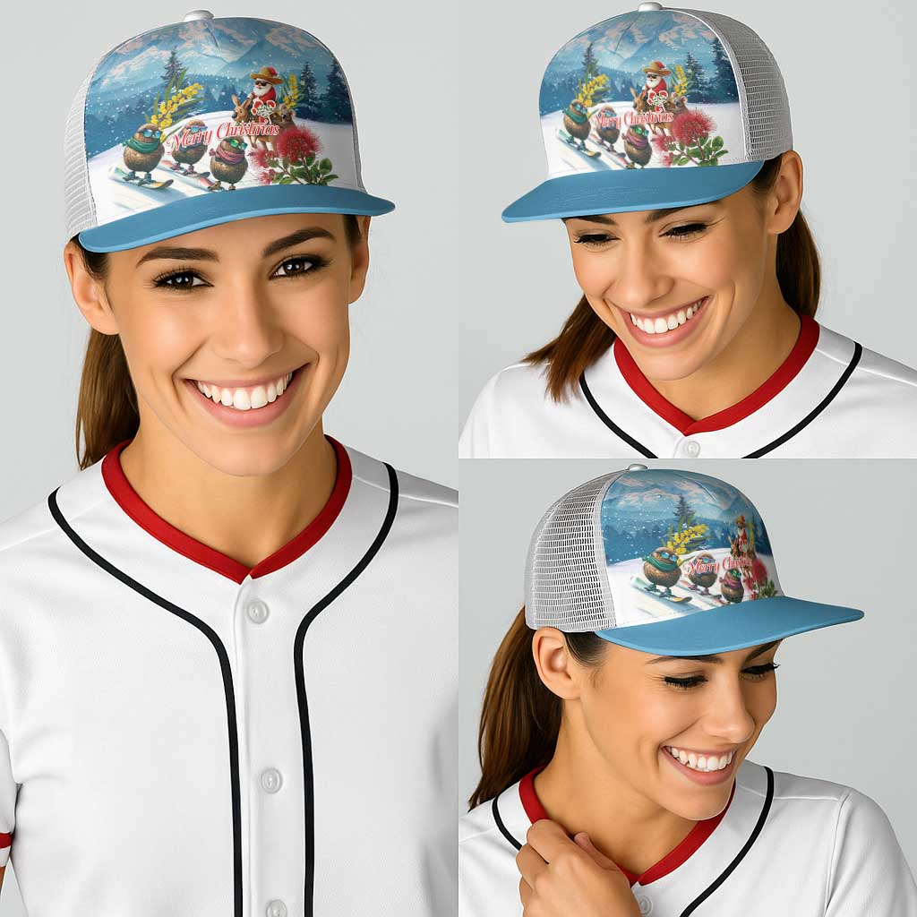 New Zealand and Australia Merry Christmas Baseball Net Cap Kiwi Birds Skiing and Santa Riding Kangaroo with Koala