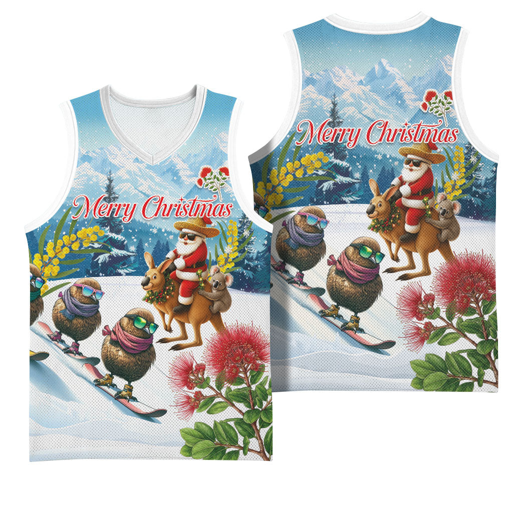 New Zealand and Australia Merry Christmas Basketball Jersey Kiwi Birds Skiing and Koala Santa Riding Kangaroo