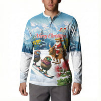 New Zealand and Australia Merry Christmas Button Sweatshirt Kiwi Birds Skiing and Koala Santa Riding Kangaroo
