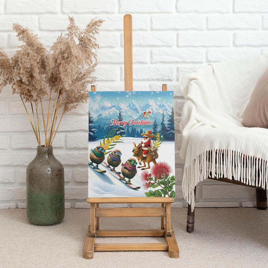 New Zealand and Australia Merry Christmas Canvas Wall Art Kiwi Birds Skiing and Koala Santa Riding Kangaroo