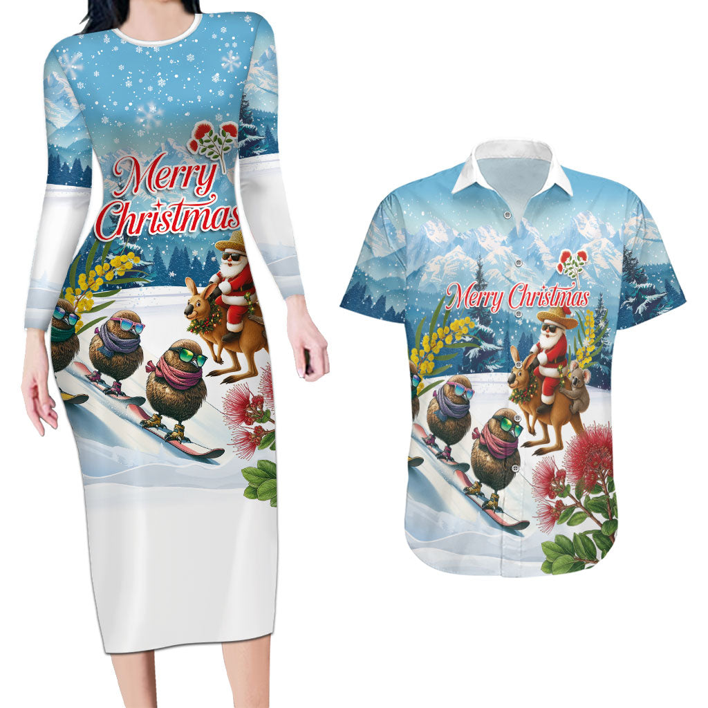 New Zealand and Australia Merry Christmas Couples Matching Long Sleeve Bodycon Dress and Hawaiian Shirt Kiwi Birds Skiing and Koala Santa Riding Kangaroo