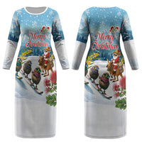 New Zealand and Australia Merry Christmas Couples Matching Long Sleeve Bodycon Dress and Hawaiian Shirt Kiwi Birds Skiing and Koala Santa Riding Kangaroo LT03 - Polynesian Pride