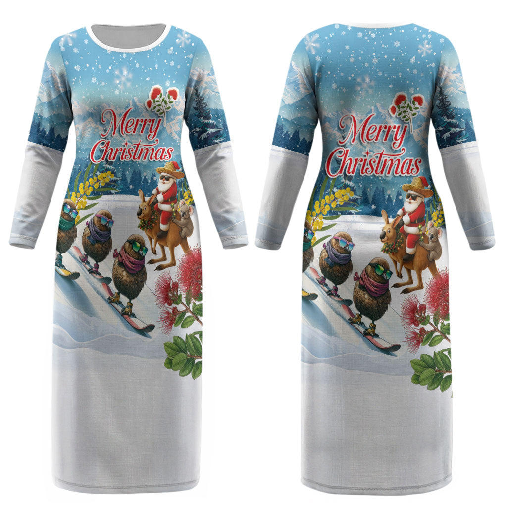 New Zealand and Australia Merry Christmas Couples Matching Long Sleeve Bodycon Dress and Long Sleeve Button Shirt Kiwi Birds Skiing and Koala Santa Riding Kangaroo LT03 - Polynesian Pride