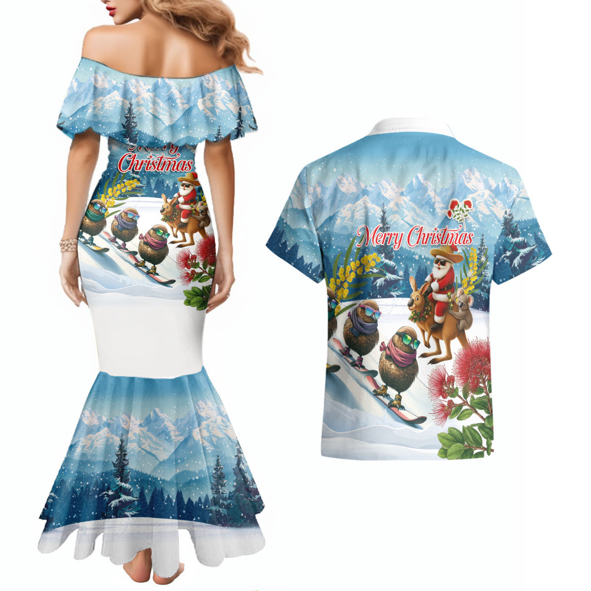 New Zealand and Australia Merry Christmas Couples Matching Mermaid Dress and Hawaiian Shirt Kiwi Birds Skiing and Koala Santa Riding Kangaroo