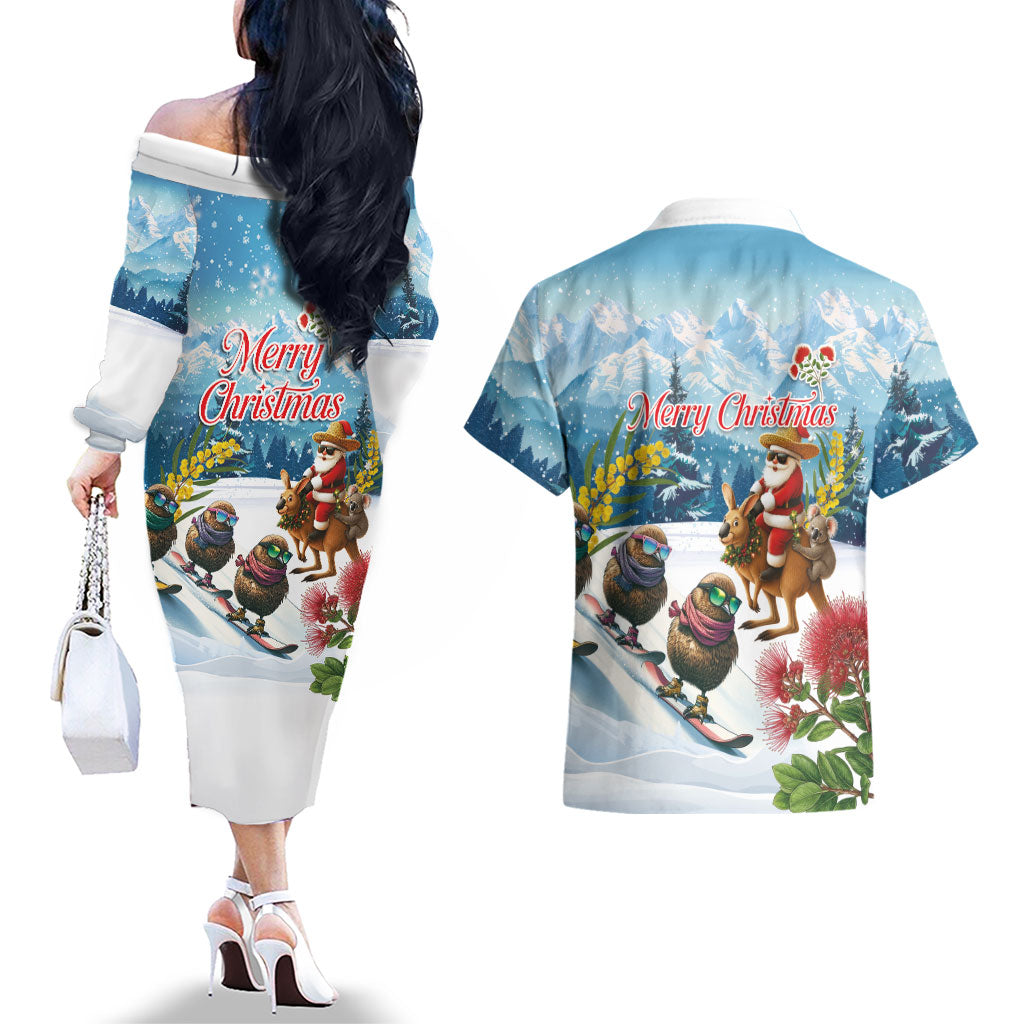 New Zealand and Australia Merry Christmas Couples Matching Off The Shoulder Long Sleeve Dress and Hawaiian Shirt Kiwi Birds Skiing and Koala Santa Riding Kangaroo