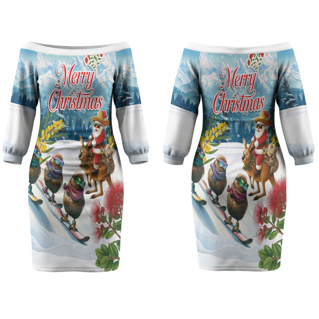 New Zealand and Australia Merry Christmas Couples Matching Off The Shoulder Long Sleeve Dress and Hawaiian Shirt Kiwi Birds Skiing and Koala Santa Riding Kangaroo LT03 - Polynesian Pride