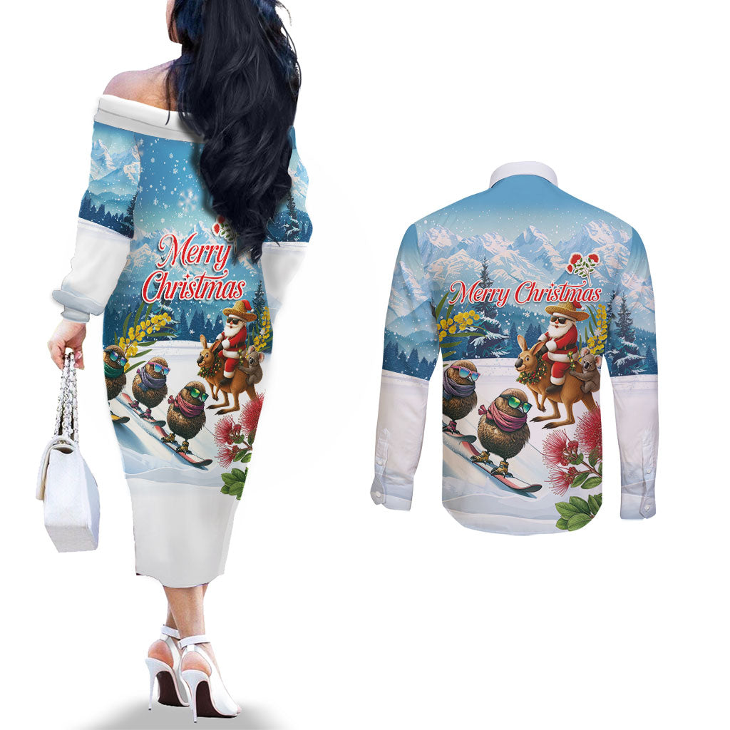 New Zealand and Australia Merry Christmas Couples Matching Off The Shoulder Long Sleeve Dress and Long Sleeve Button Shirt Kiwi Birds Skiing and Koala Santa Riding Kangaroo