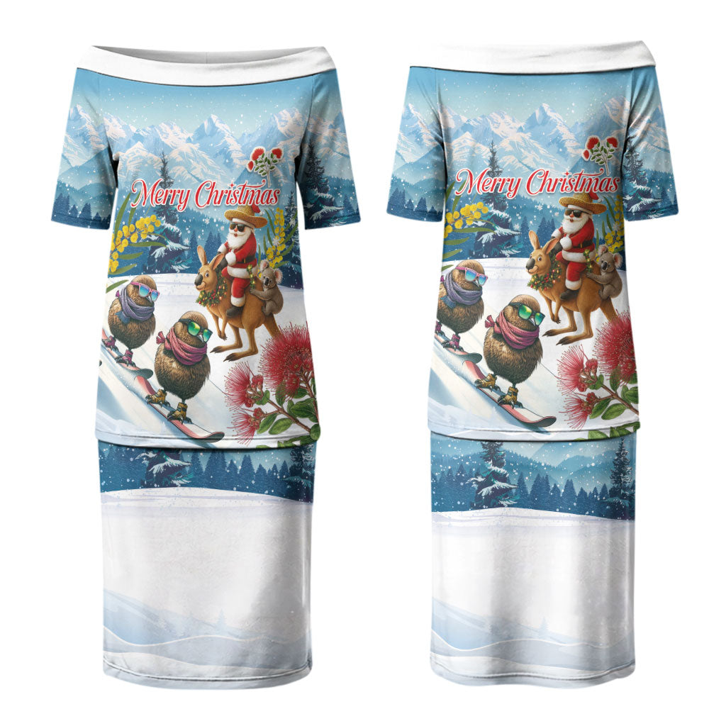 New Zealand and Australia Merry Christmas Couples Matching Puletasi and Hawaiian Shirt Kiwi Birds Skiing and Koala Santa Riding Kangaroo LT03 - Polynesian Pride