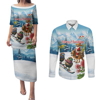 New Zealand and Australia Merry Christmas Couples Matching Puletasi and Long Sleeve Button Shirt Kiwi Birds Skiing and Koala Santa Riding Kangaroo