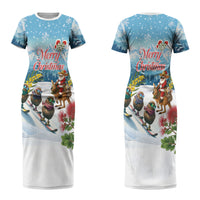 New Zealand and Australia Merry Christmas Couples Matching Short Sleeve Bodycon Dress and Hawaiian Shirt Kiwi Birds Skiing and Koala Santa Riding Kangaroo LT03 - Polynesian Pride