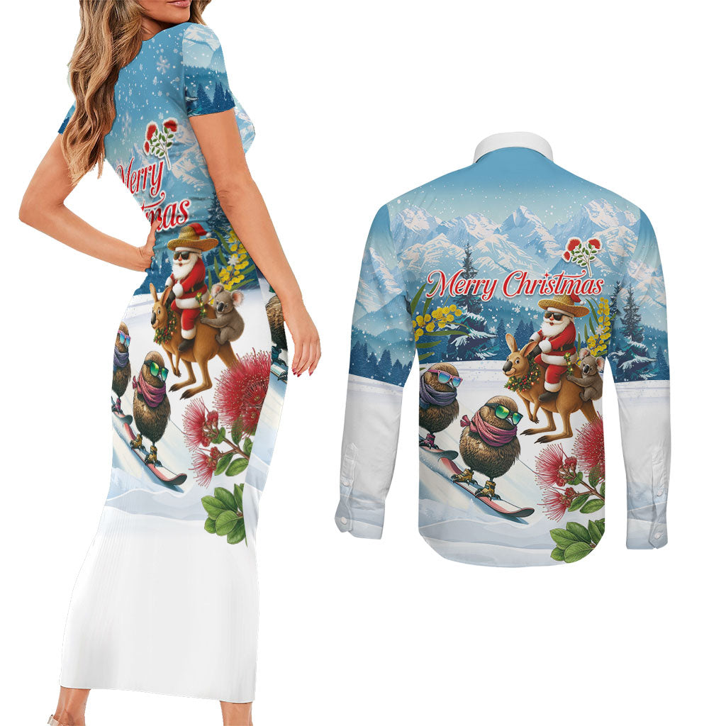 New Zealand and Australia Merry Christmas Couples Matching Short Sleeve Bodycon Dress and Long Sleeve Button Shirt Kiwi Birds Skiing and Koala Santa Riding Kangaroo