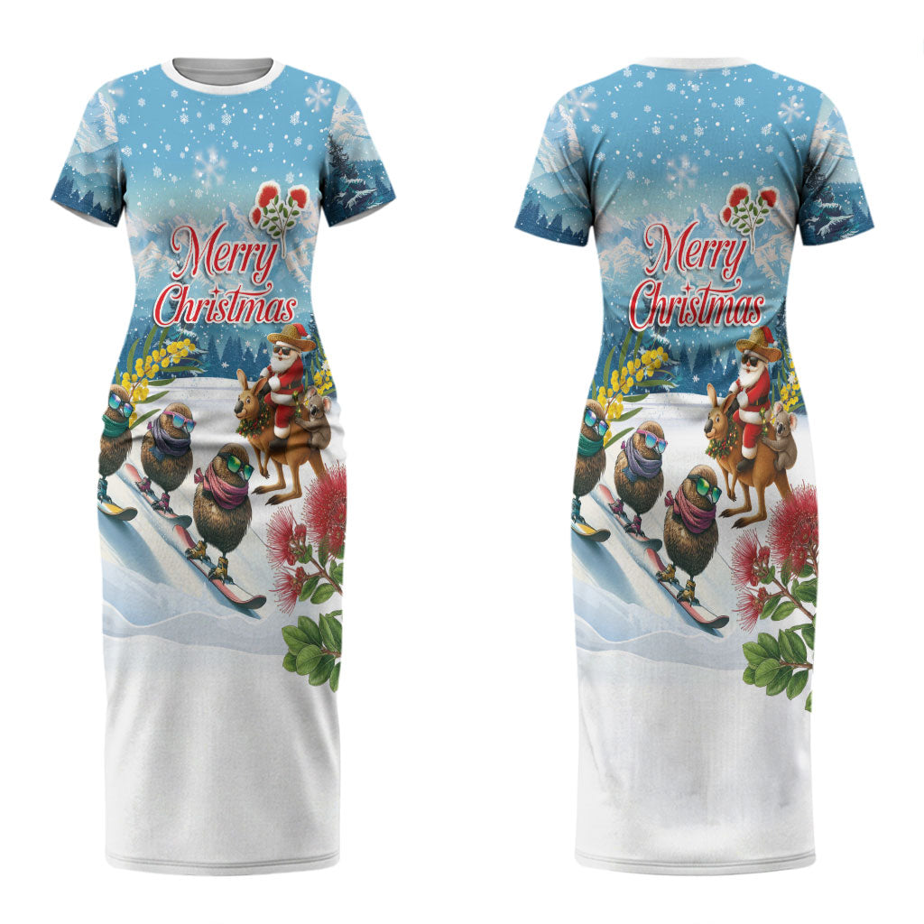 New Zealand and Australia Merry Christmas Couples Matching Short Sleeve Bodycon Dress and Long Sleeve Button Shirt Kiwi Birds Skiing and Koala Santa Riding Kangaroo LT03 - Polynesian Pride
