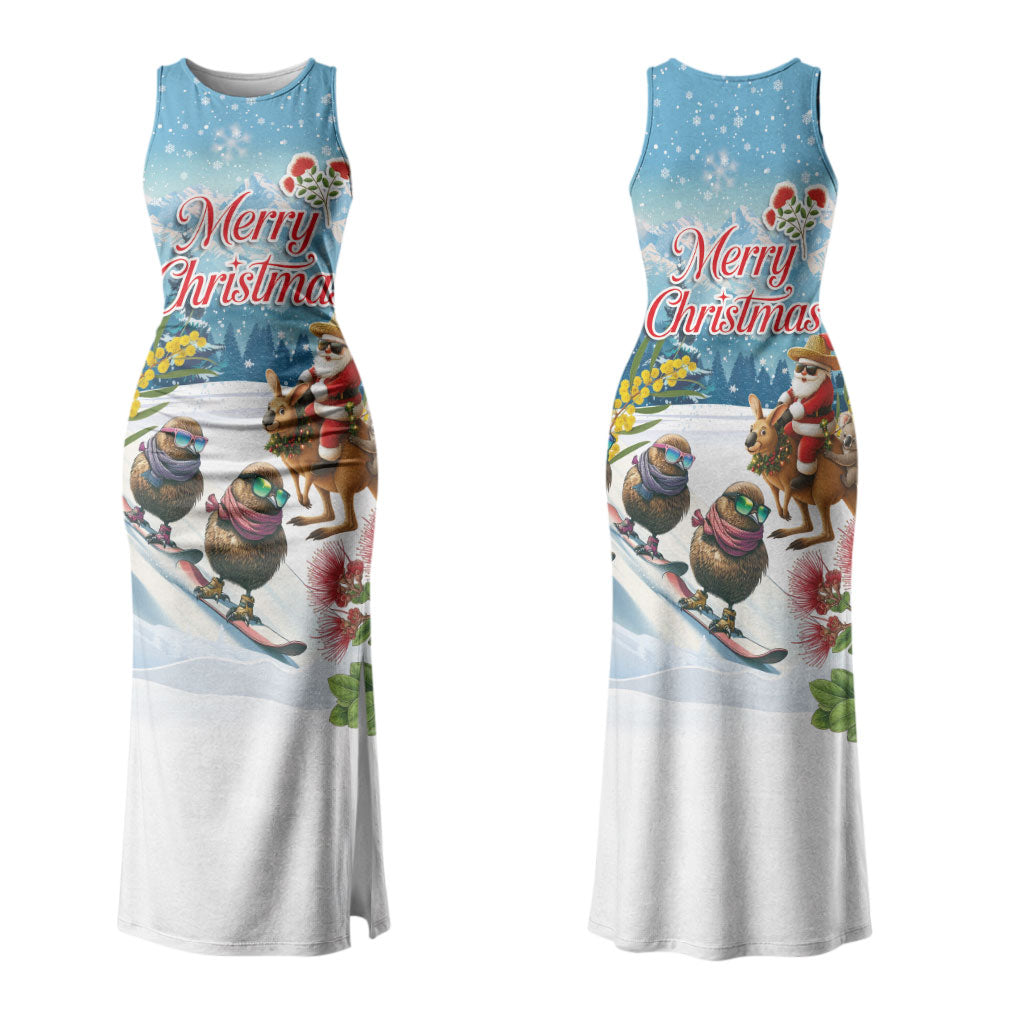 New Zealand and Australia Merry Christmas Couples Matching Tank Maxi Dress and Hawaiian Shirt Kiwi Birds Skiing and Koala Santa Riding Kangaroo LT03 - Polynesian Pride