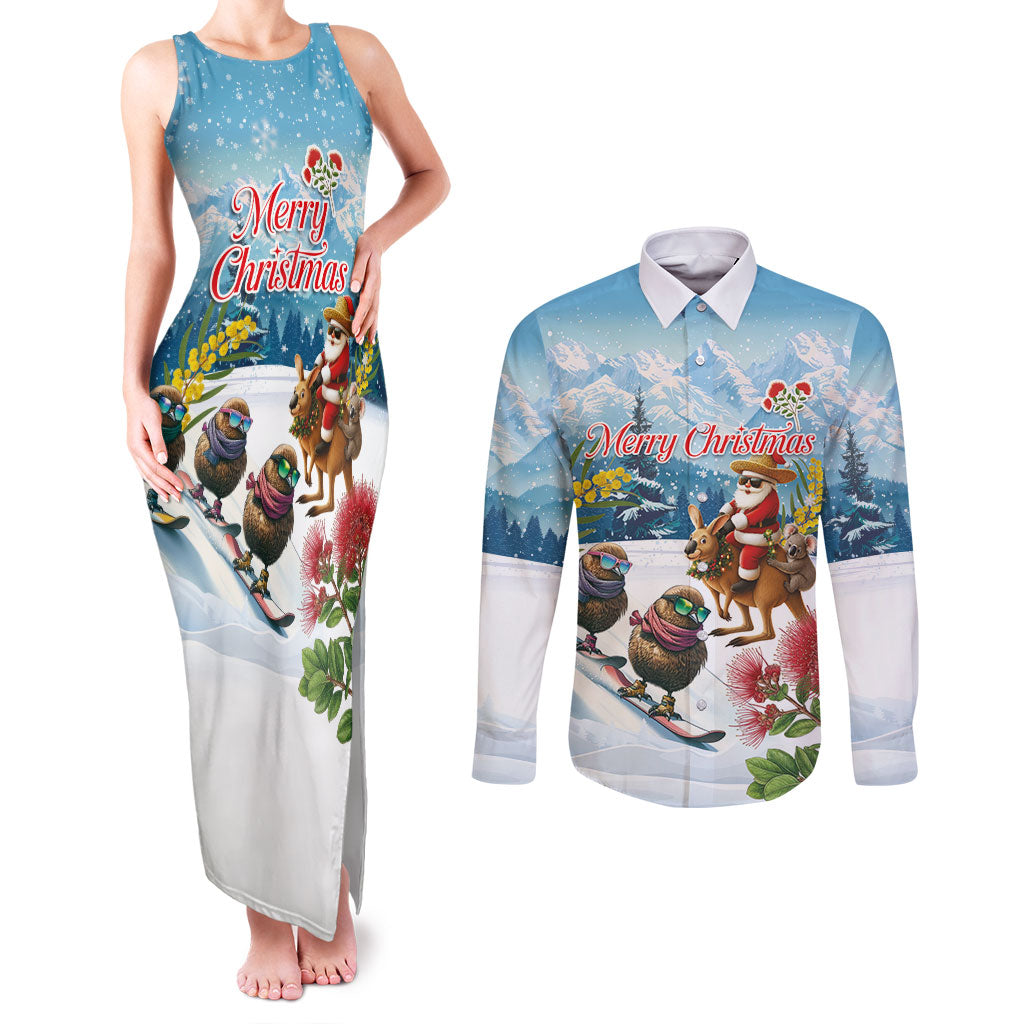 New Zealand and Australia Merry Christmas Couples Matching Tank Maxi Dress and Long Sleeve Button Shirt Kiwi Birds Skiing and Koala Santa Riding Kangaroo