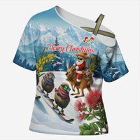 New Zealand and Australia Merry Christmas Cross Shoulder Shirt Kiwi Birds Skiing and Koala Santa Riding Kangaroo LT03 Female Multicolor - Polynesian Pride