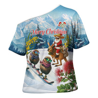 New Zealand and Australia Merry Christmas Cross Shoulder Shirt Kiwi Birds Skiing and Koala Santa Riding Kangaroo LT03 - Polynesian Pride