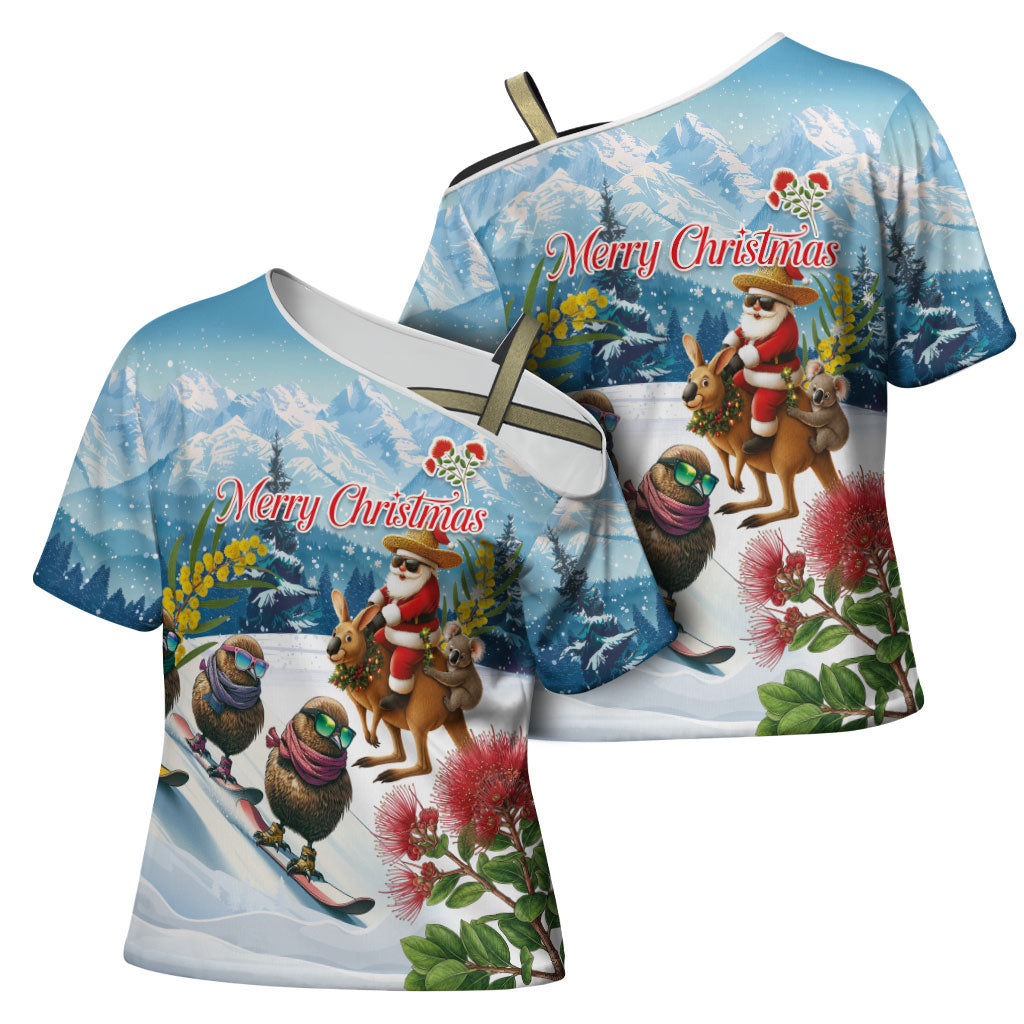 New Zealand and Australia Merry Christmas Cross Shoulder Shirt Kiwi Birds Skiing and Koala Santa Riding Kangaroo LT03 - Polynesian Pride
