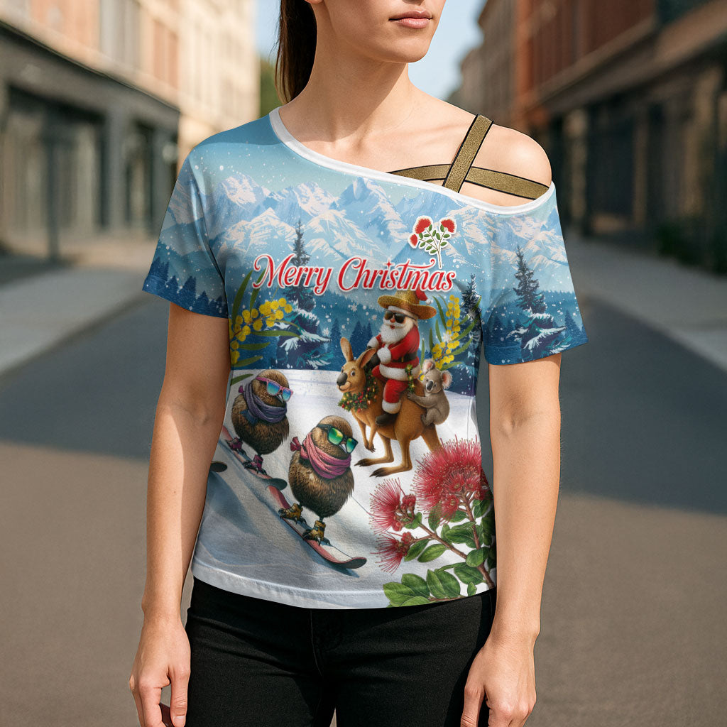 New Zealand and Australia Merry Christmas Cross Shoulder Shirt Kiwi Birds Skiing and Koala Santa Riding Kangaroo LT03 - Polynesian Pride