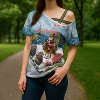 New Zealand and Australia Merry Christmas Cross Shoulder Shirt Kiwi Birds Skiing and Koala Santa Riding Kangaroo LT03 - Polynesian Pride