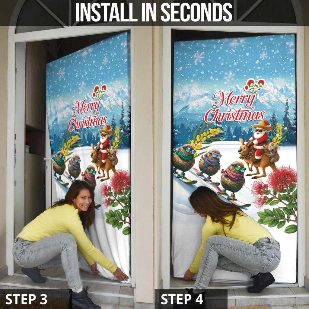 New Zealand and Australia Merry Christmas Door Cover Kiwi Birds Skiing and Koala Santa Riding Kangaroo