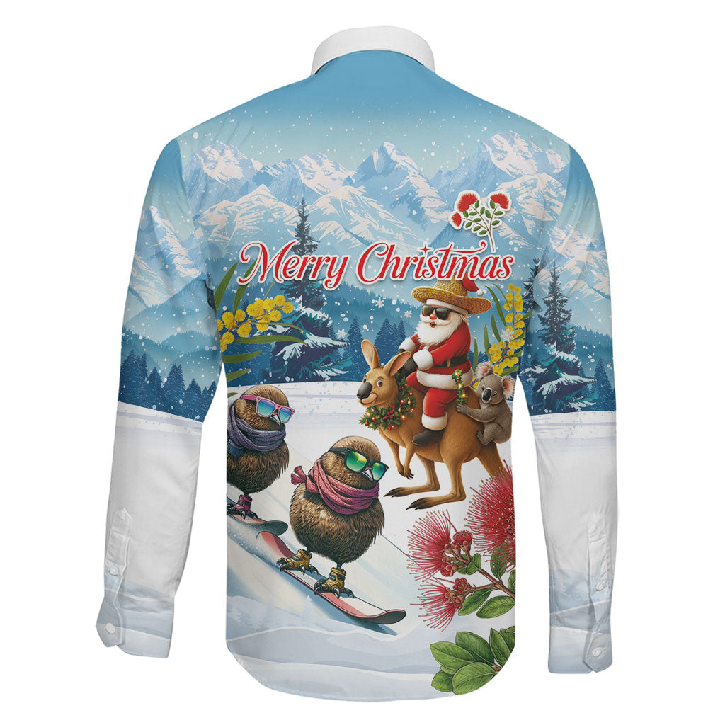 New Zealand and Australia Merry Christmas Family Matching Long Sleeve Bodycon Dress and Hawaiian Shirt Kiwi Birds Skiing and Koala Santa Riding Kangaroo