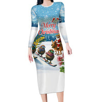 New Zealand and Australia Merry Christmas Family Matching Long Sleeve Bodycon Dress and Hawaiian Shirt Kiwi Birds Skiing and Koala Santa Riding Kangaroo