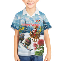 New Zealand and Australia Merry Christmas Family Matching Long Sleeve Bodycon Dress and Hawaiian Shirt Kiwi Birds Skiing and Koala Santa Riding Kangaroo