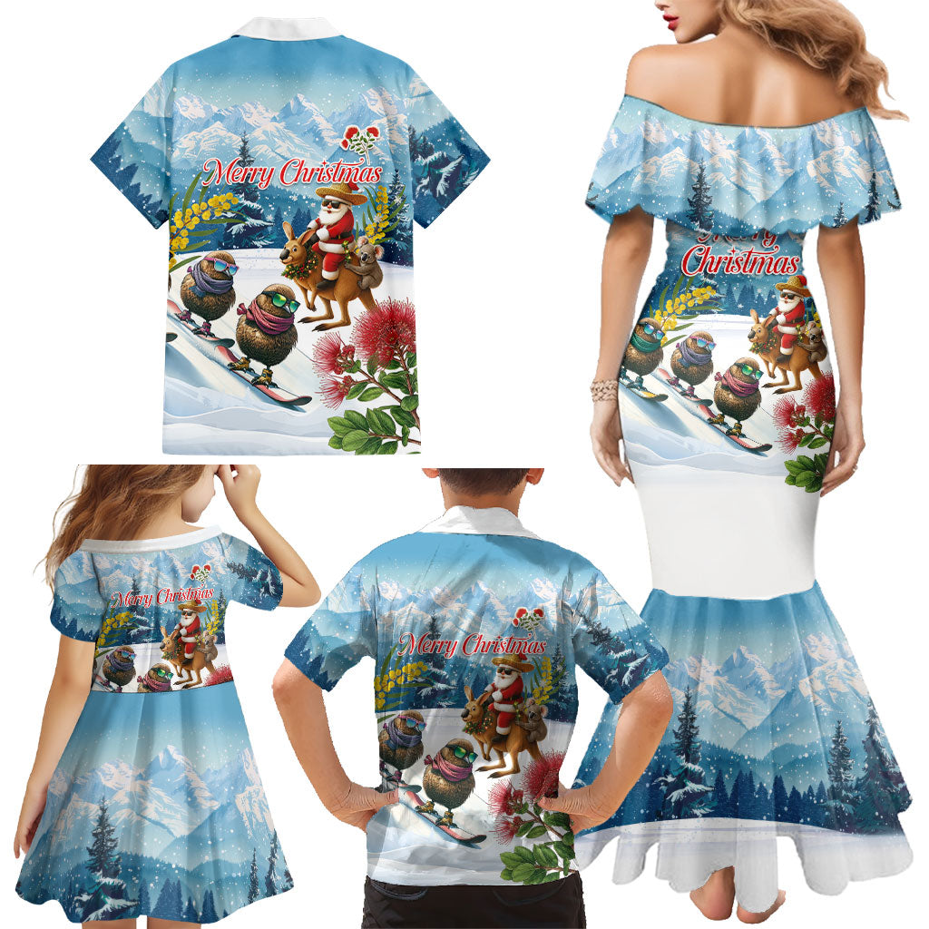 New Zealand and Australia Merry Christmas Family Matching Mermaid Dress and Hawaiian Shirt Kiwi Birds Skiing and Koala Santa Riding Kangaroo