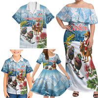 New Zealand and Australia Merry Christmas Family Matching Off Shoulder Maxi Dress and Hawaiian Shirt Kiwi Birds Skiing and Koala Santa Riding Kangaroo LT03 - Polynesian Pride