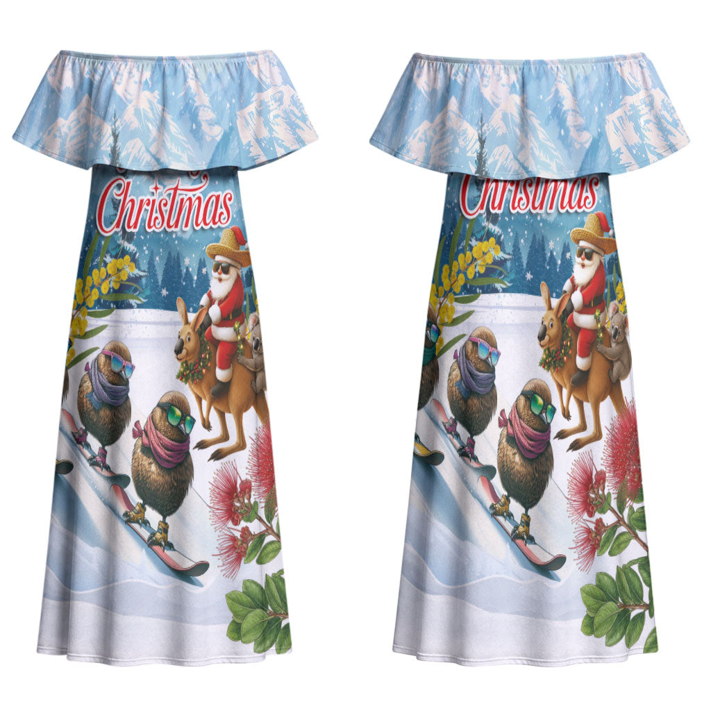 New Zealand and Australia Merry Christmas Family Matching Off Shoulder Maxi Dress and Hawaiian Shirt Kiwi Birds Skiing and Koala Santa Riding Kangaroo LT03 Mom's Dress Multicolor - Polynesian Pride