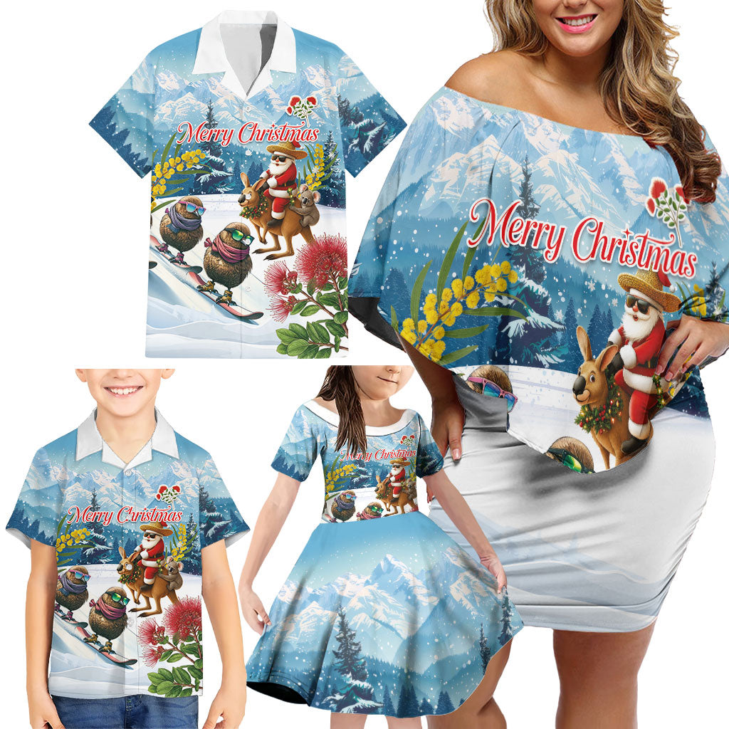 New Zealand and Australia Merry Christmas Family Matching Off Shoulder Short Dress and Hawaiian Shirt Kiwi Birds Skiing and Koala Santa Riding Kangaroo